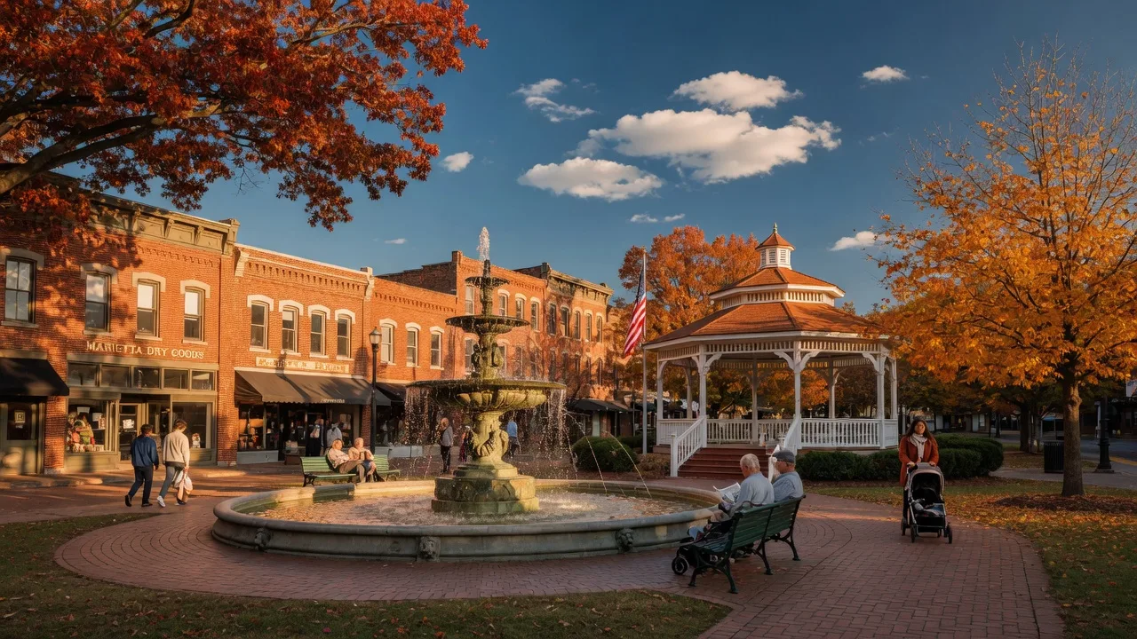 Marietta's historic downtown square at golden hour with Glover Park fountain, gazebo, and red-brick storefronts framed by autumn foliage