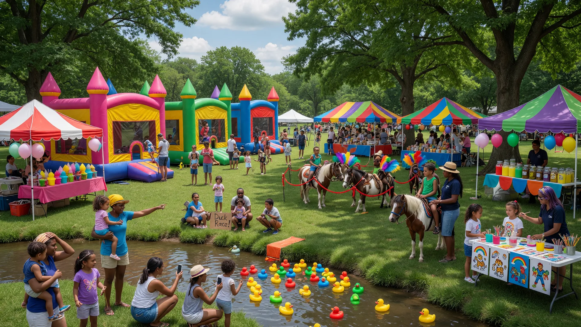 Vibrant community festival with bounce houses, carnival tents, and families enjoying a sunny park