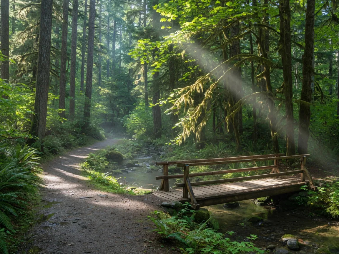 A forested trail with a wooden footbridge over the creek in Tryon Creek State Natural Area, dappled green light