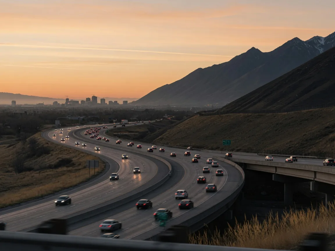 Cars heading north on a Wasatch Front freeway at dawn beneath the silhouetted mountains