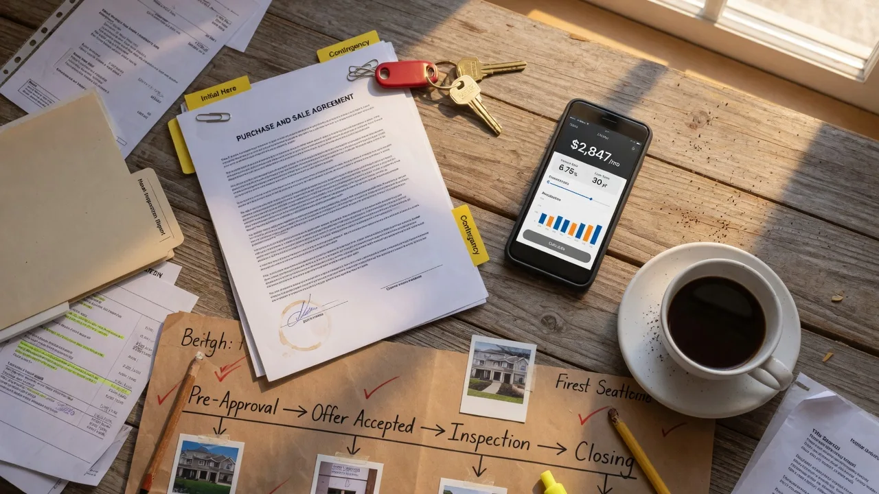 Overhead flat-lay of home buying documents, house key, smartphone, and coffee on a wooden table