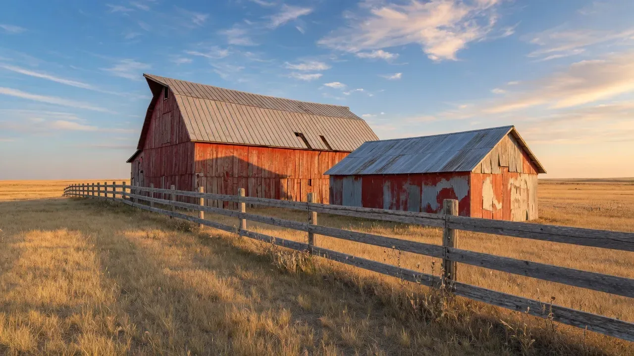 A weathered red barn and split-rail fence on open prairie at golden hour