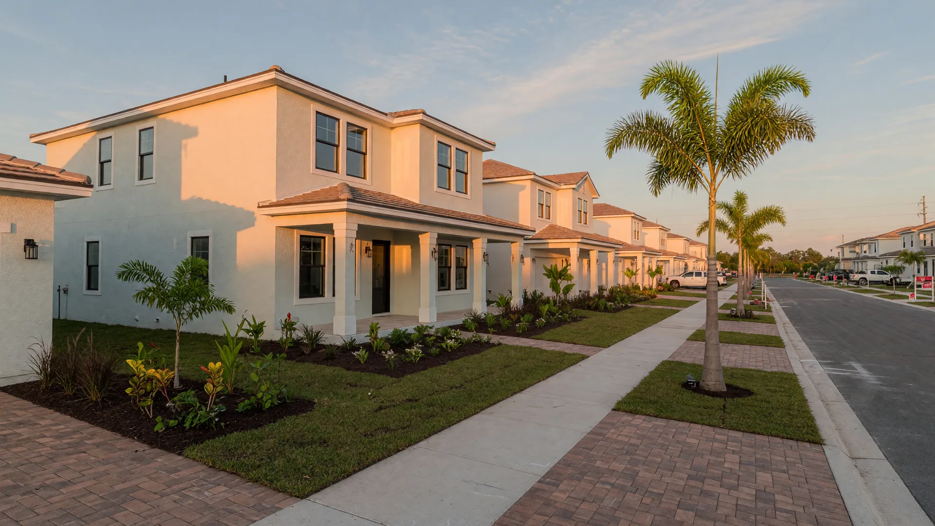 A brand-new coastal Florida home in Wellen Park with a light stucco exterior, front porch, and palm landscaping in warm golden-hour light on a quiet new-construction street