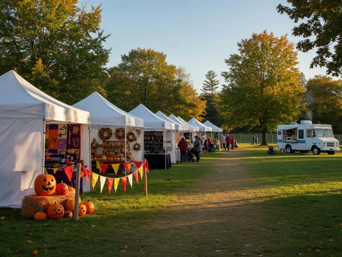 A small-town fall festival with vendor tents, a food truck, pumpkins, and hay bales on a park lawn