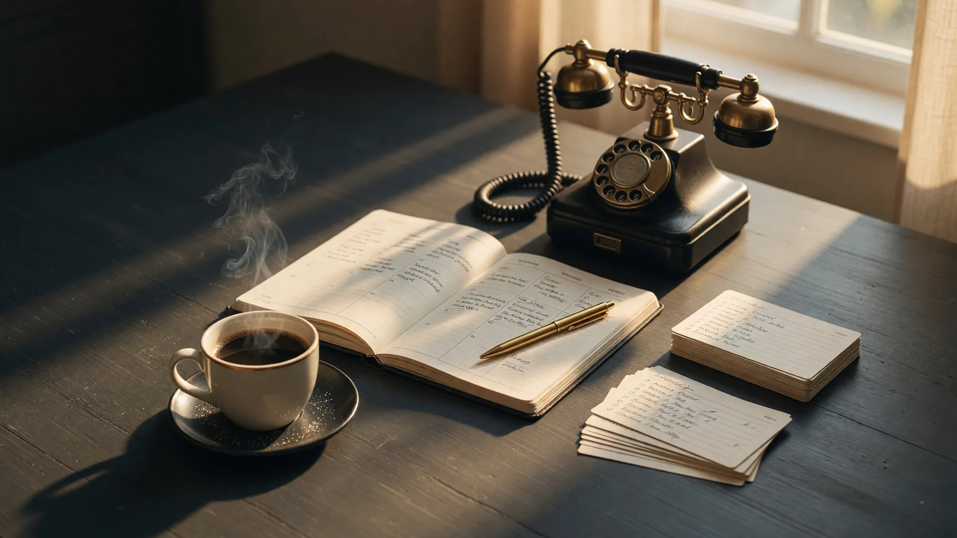A classic black desk telephone with brass details beside an open weekly planner with a gold pen and cream index cards on a charcoal desk, the tools of the two separate blocks