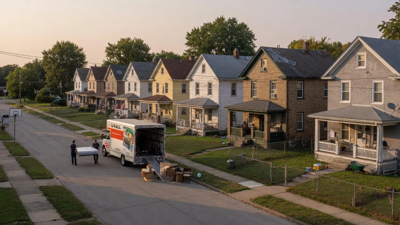 A Northeast Ohio street with older homes and a moving truck under late afternoon light