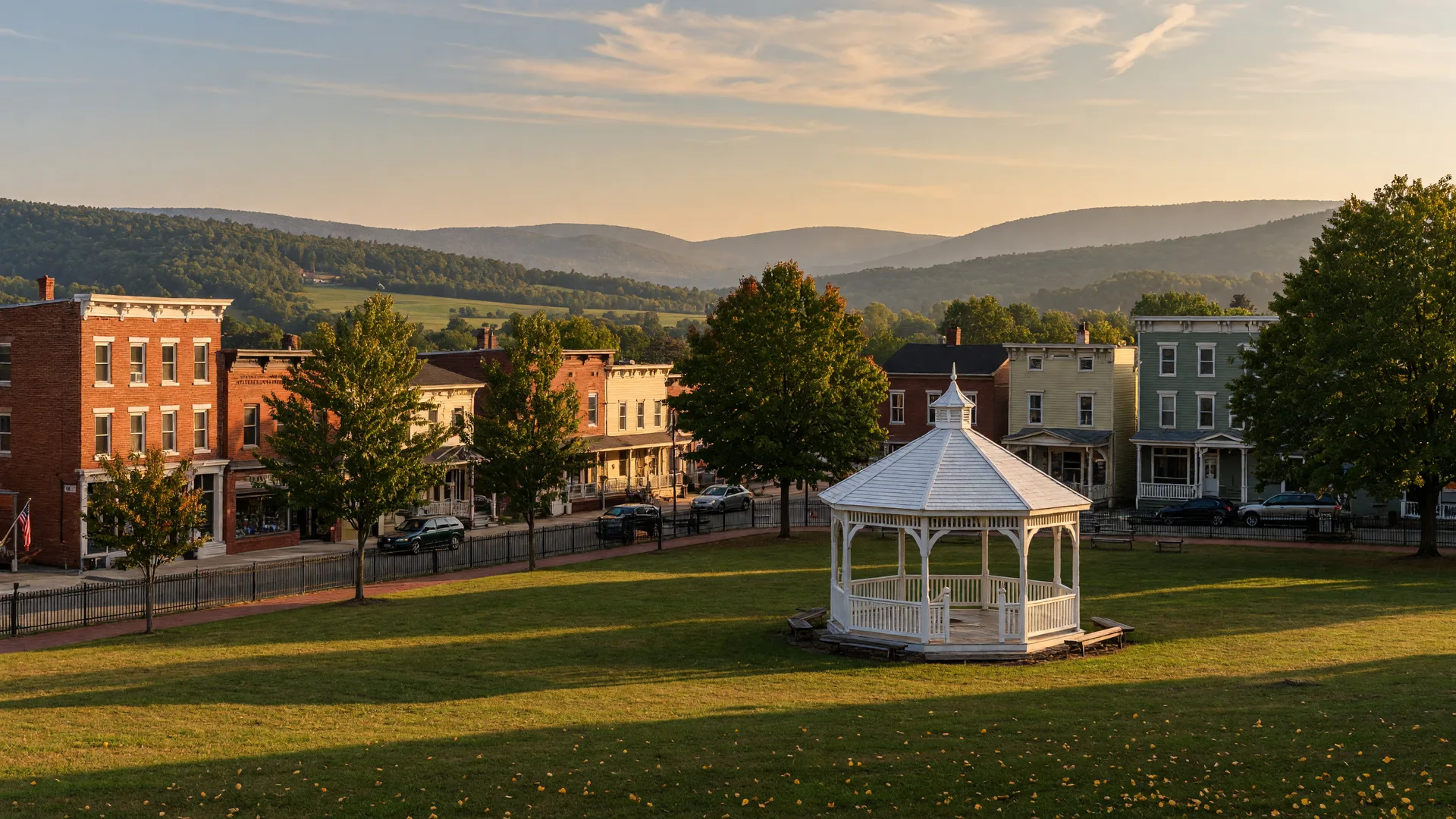 Scenic view of Warwick, New York with historic brick buildings around Railroad Green Park on a late summer afternoon