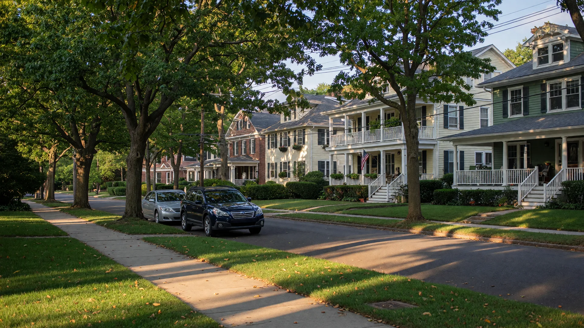 A leafy residential street in late summer light, with white porches and mature trees arching over the block