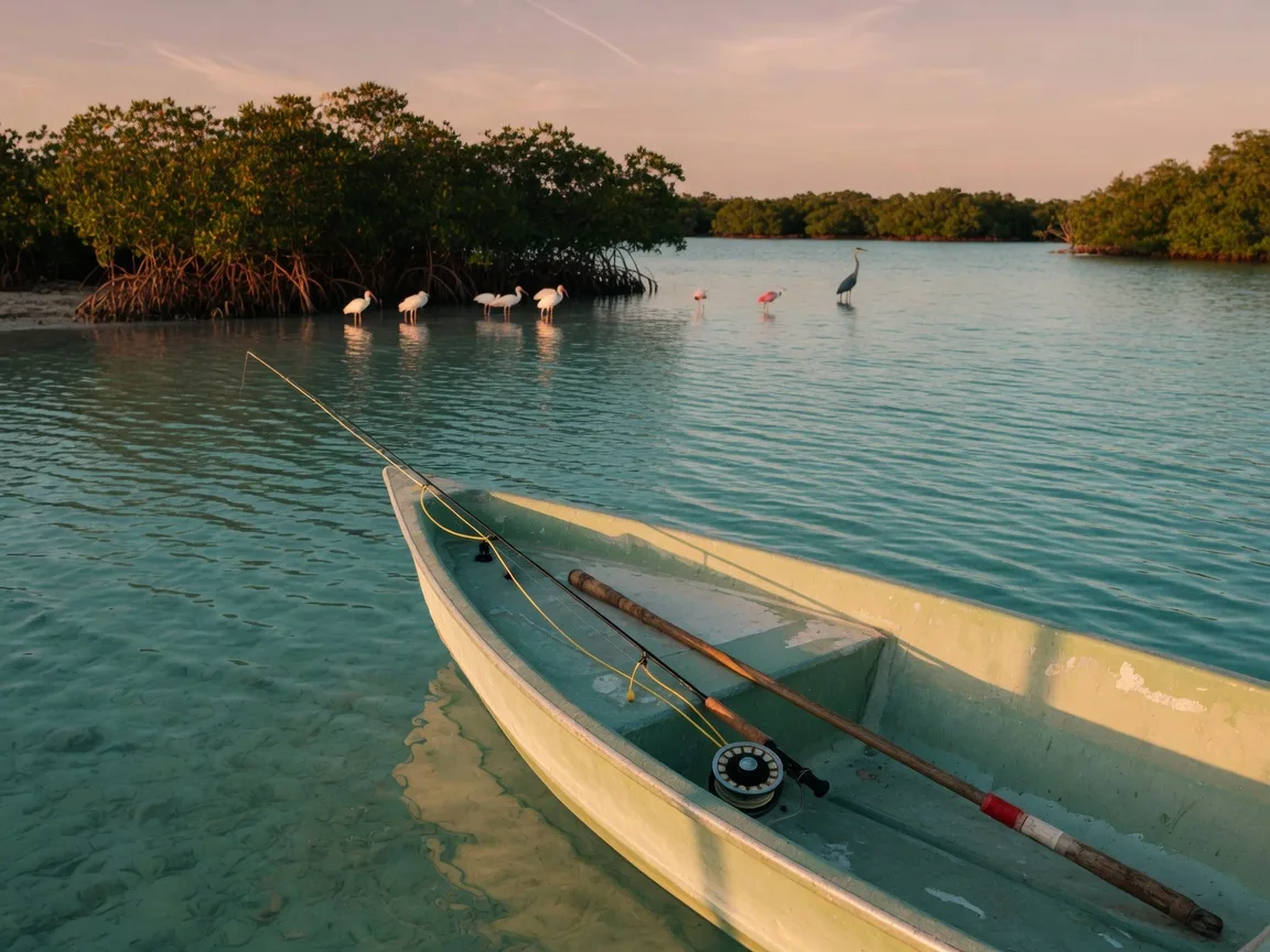 Backcountry flats fishing in the Florida Keys at golden hour, a fly rod and reel resting across the gunwale of a poled skiff on a shallow turquoise flat, a mangrove shoreline and wading birds in the warm low light