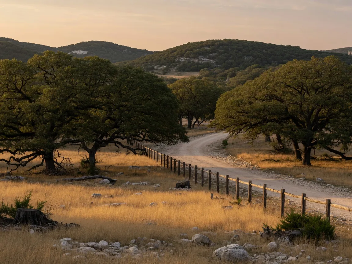 A cleared Hill Country homesite with limestone, tall grass, and live oak canopies near Bulverde, Texas in late-afternoon light