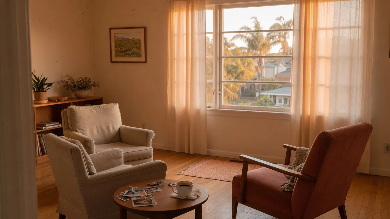 Two empty armchairs facing each other by a sunlit front window with a cup of coffee between them
