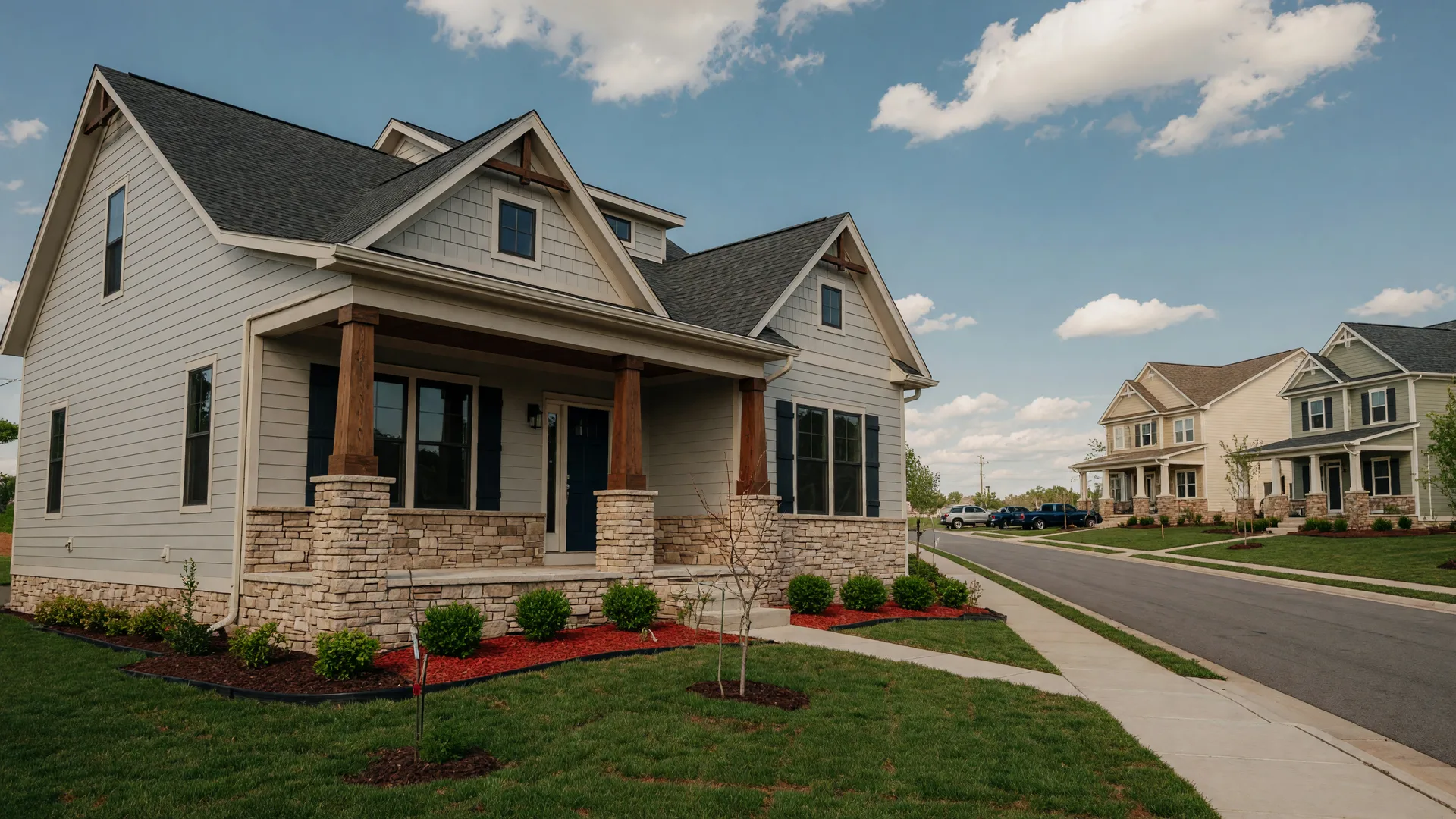 A craftsman-style Richmond American new construction home in a Virginia community on a sunny afternoon