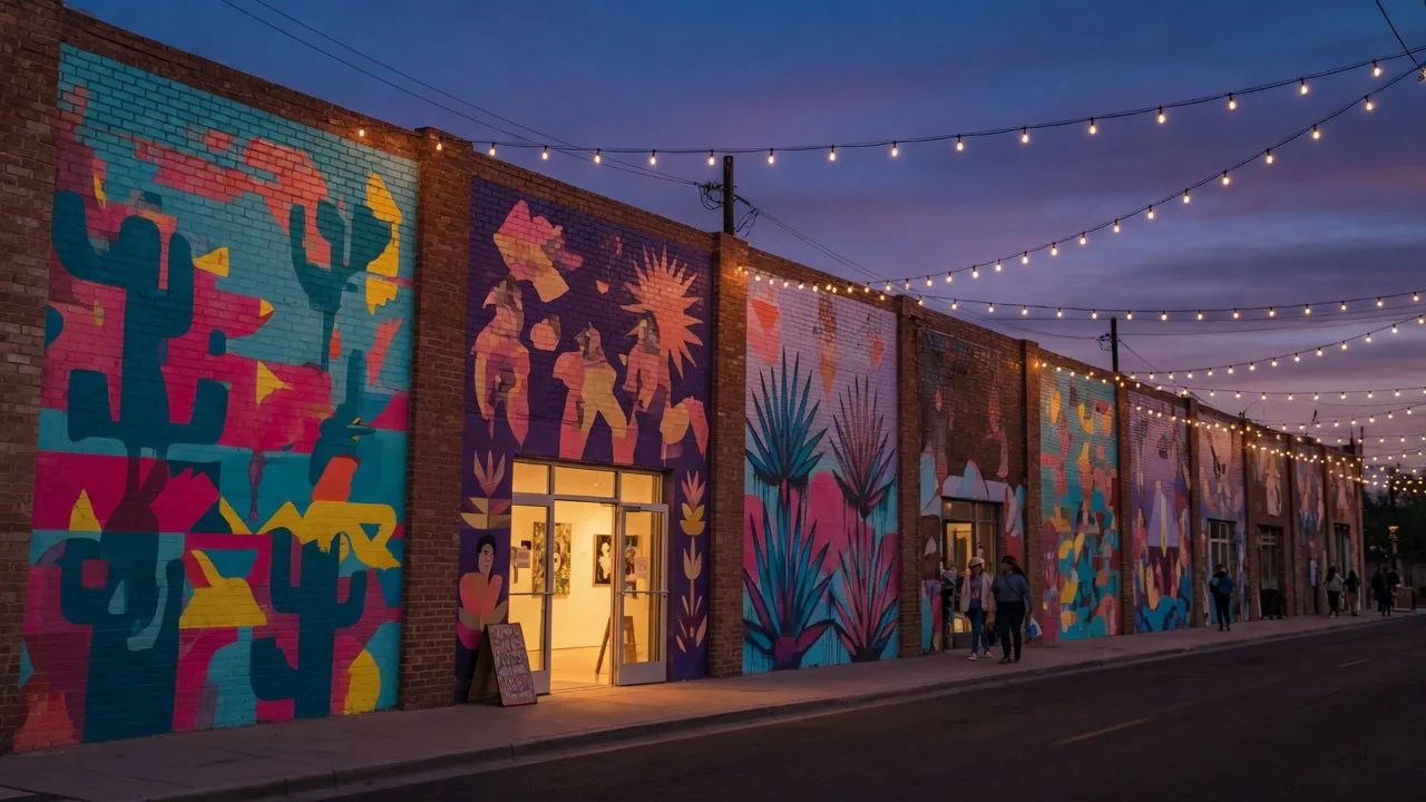 Colorful murals and string lights along the Roosevelt Row arts district in downtown Phoenix at dusk