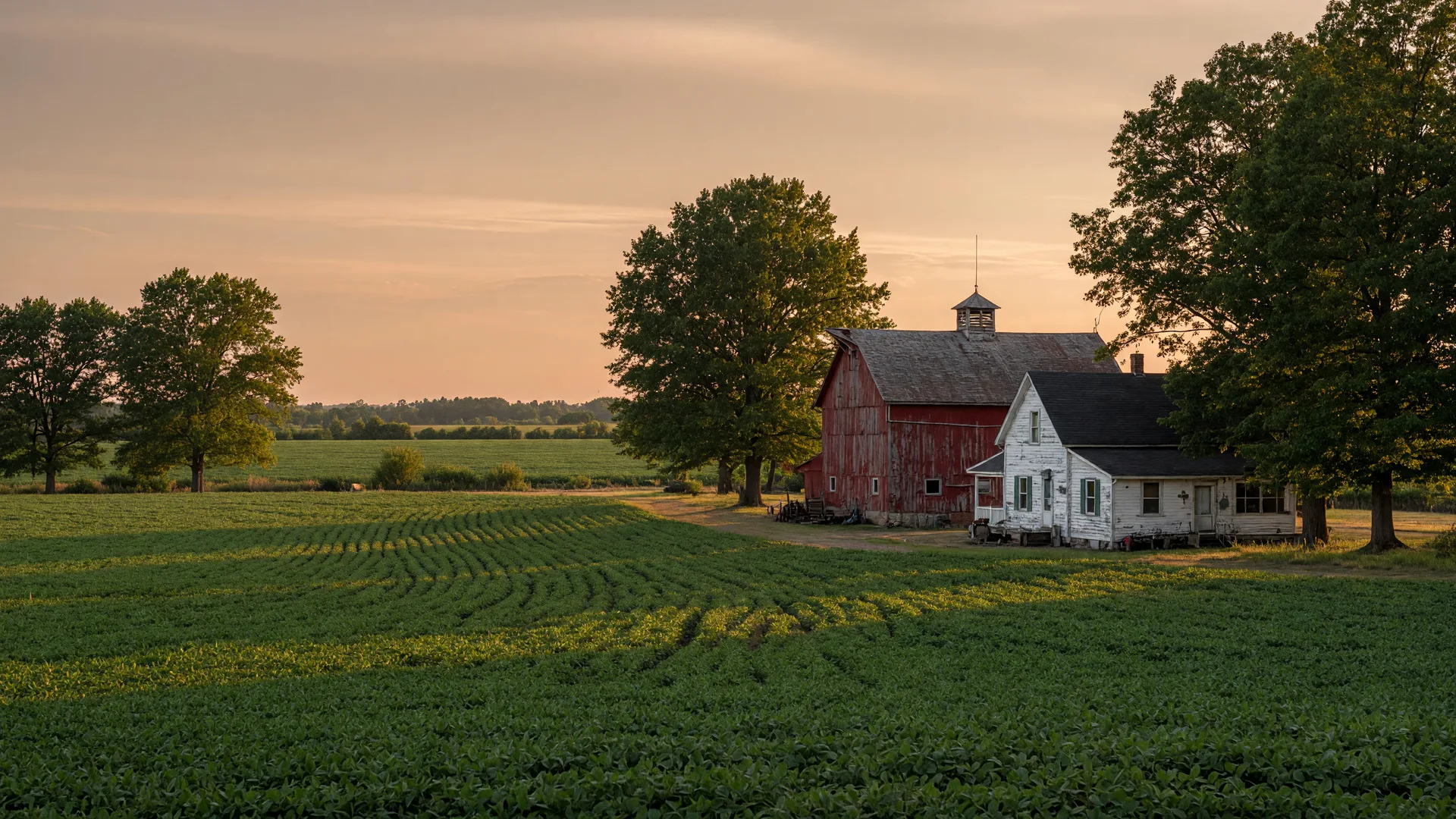 Preserved farmland in rural Washington Township, Burlington County NJ, with a red barn and white farmhouse