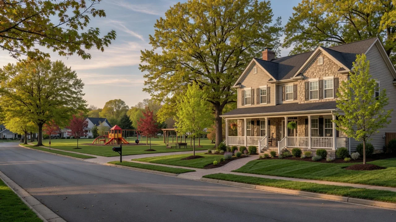 A new home in a Brookfield Residential master-planned community in Virginia with mature trees along the street