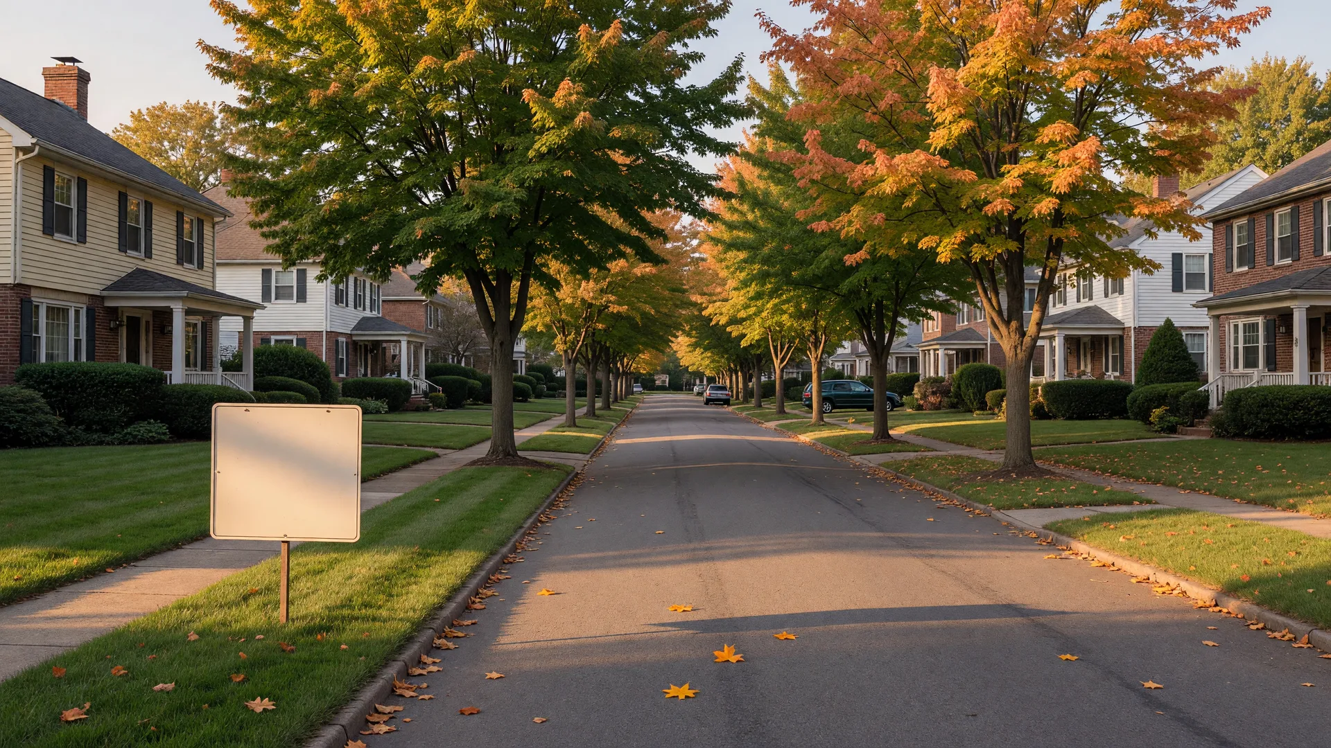Tree-lined Cherry Hill street in early autumn with colonial homes and a for-sale sign