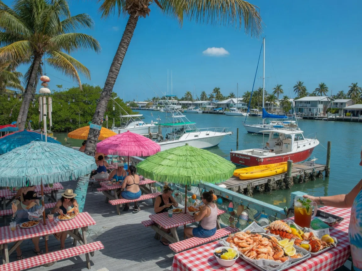 Burdines Waterfront in Marathon, Florida Keys, a casual outdoor tiki bar and grill with wooden deck, picnic tables, and a marina view with boats under a bright blue sky