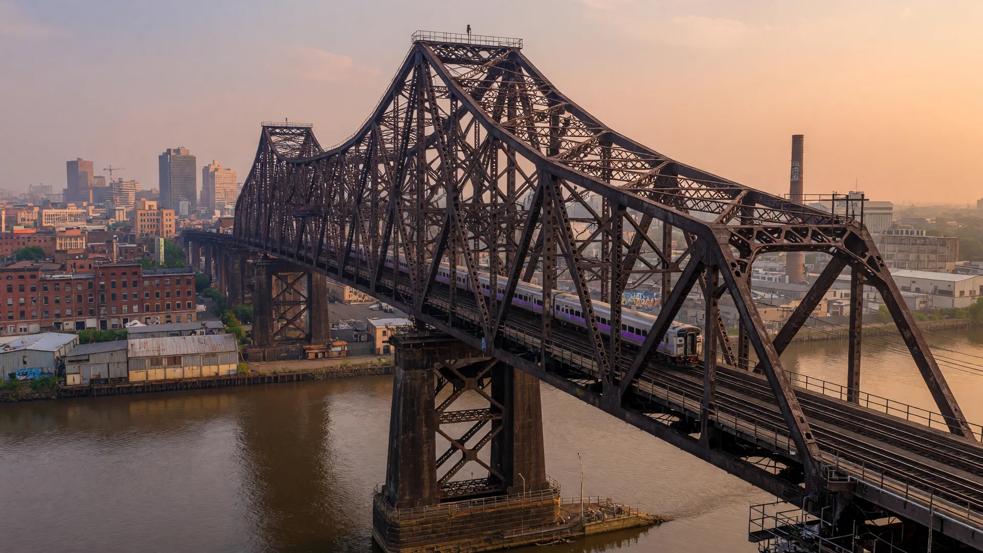 The Dock Bridge steel truss rail bridge carrying Amtrak and NJ Transit trains over the Passaic River in Newark NJ