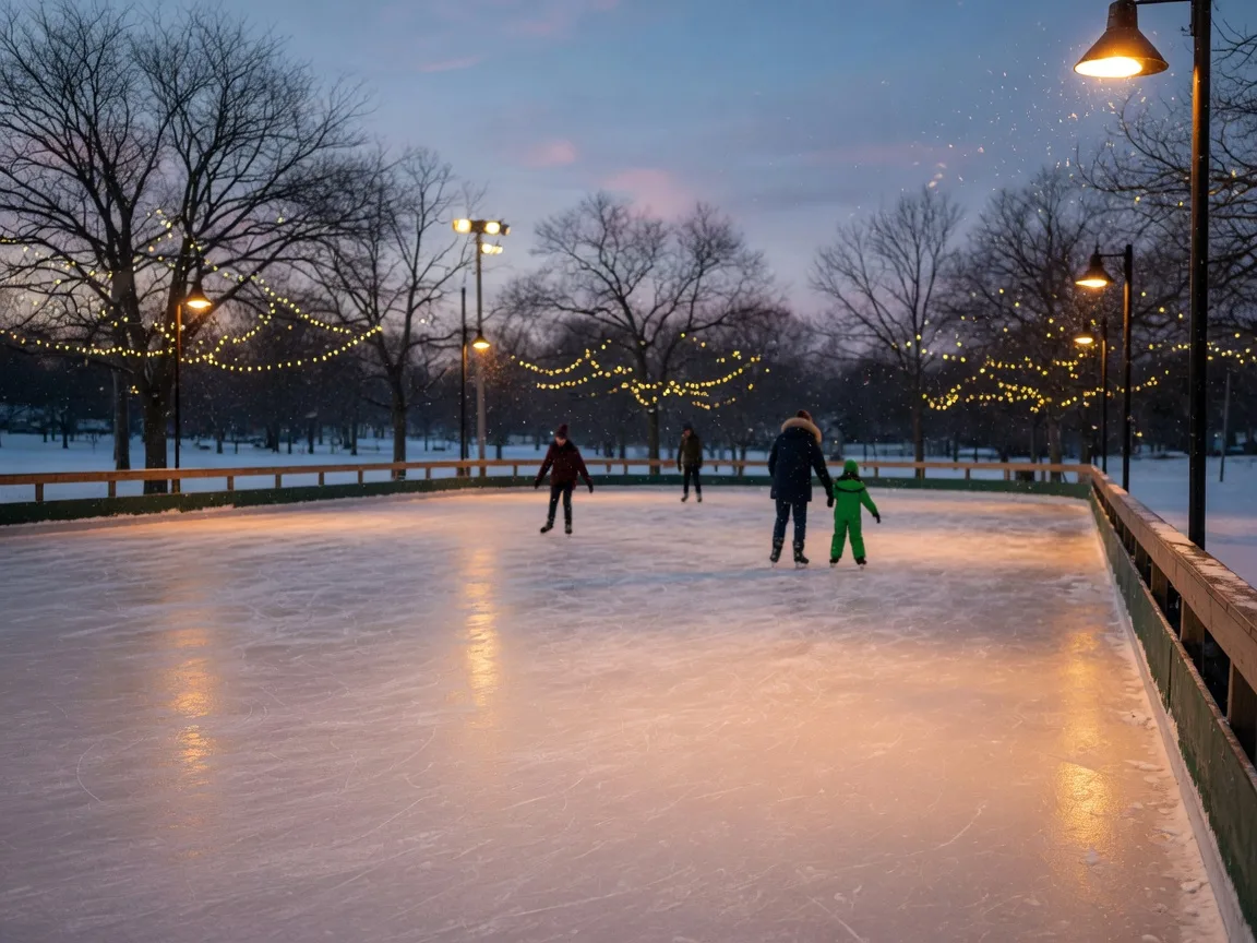 An outdoor ice skating rink surrounded by trees strung with warm holiday lights at dusk