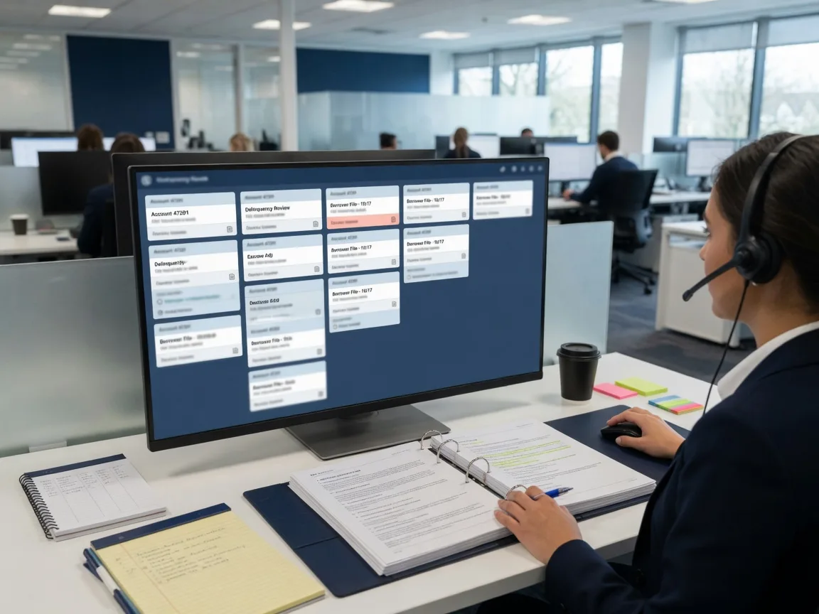 Servicing professional at a workstation tracking borrower accounts with a headset and binder.