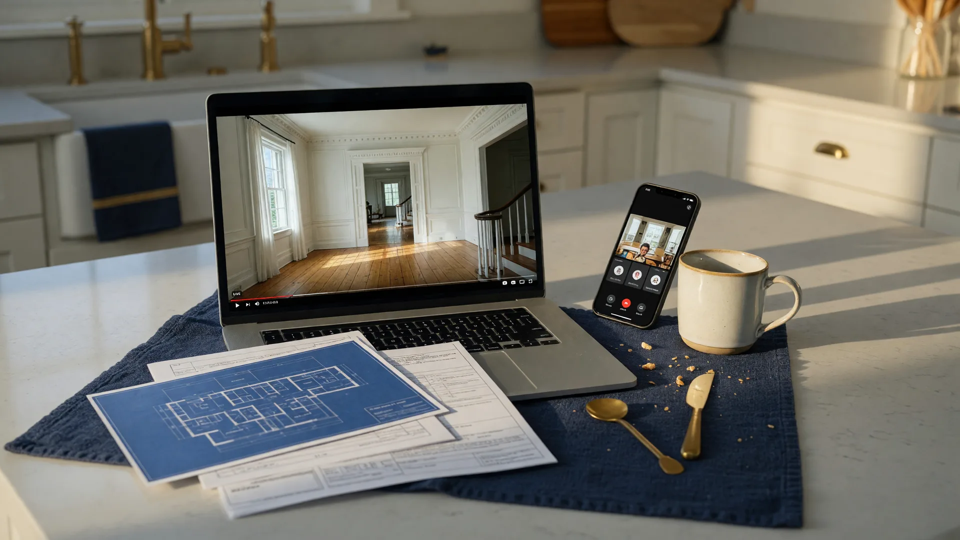 Laptop on a kitchen counter showing a live video home tour, with floor plan and loan documents nearby