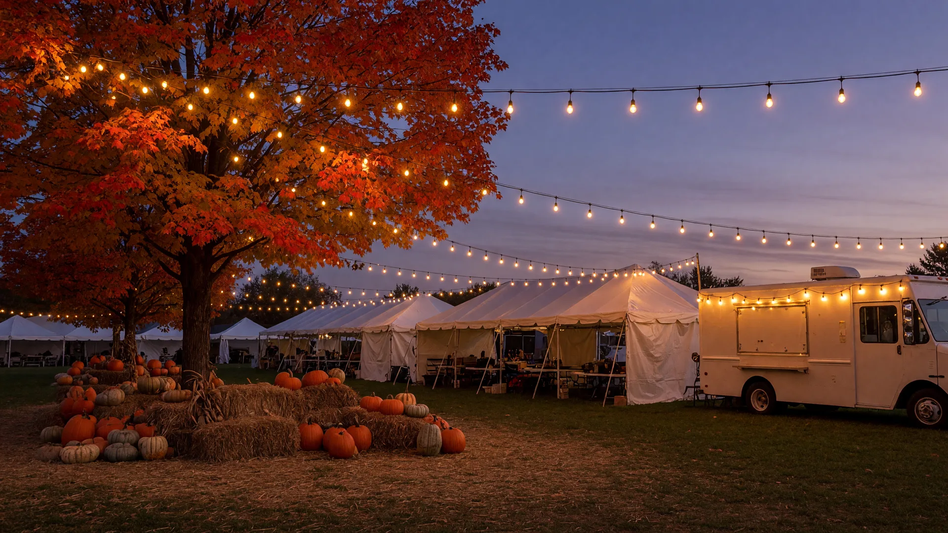 An evening fall festival with string lights and vendor tents in a King of Prussia township park