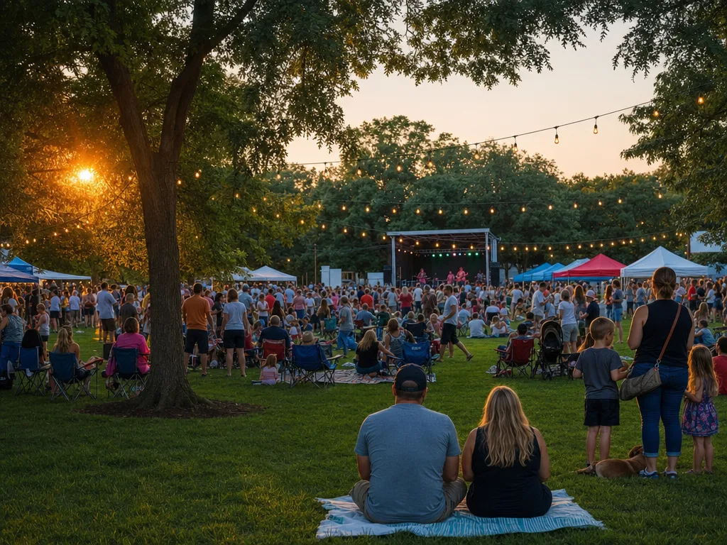 Community festival at sunset in a Centerville park with string lights, food vendors, live music, and families enjoying the evening