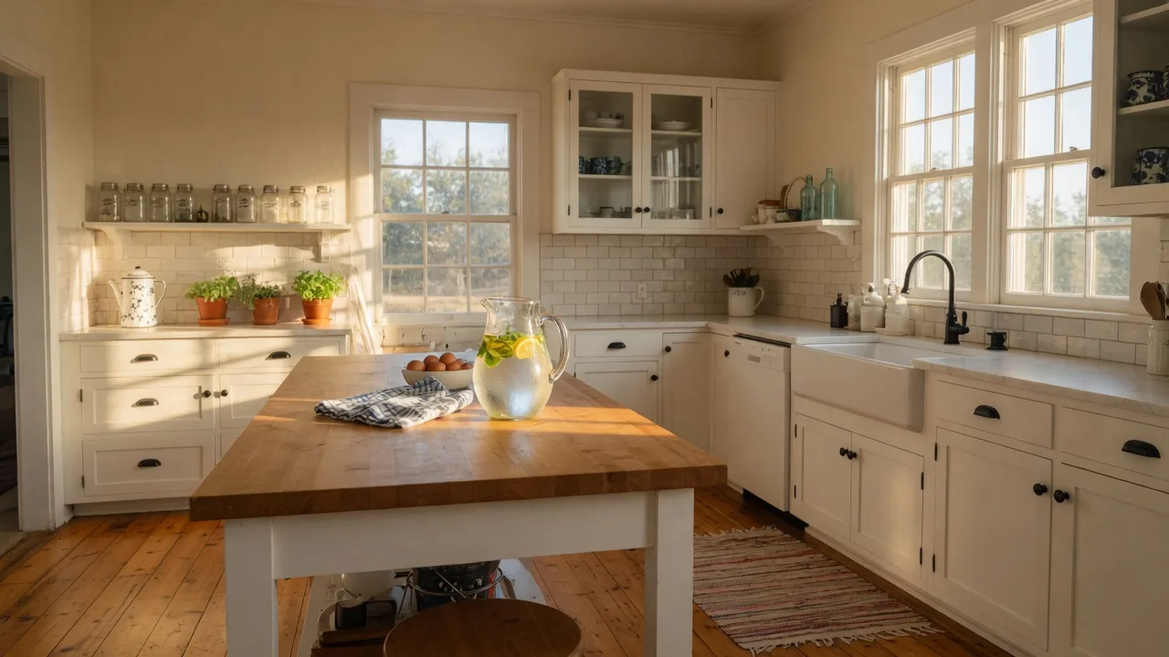 Bright remodeled farmhouse kitchen with white cabinets, a farmhouse sink, and warm wood floors in a rural Oklahoma home