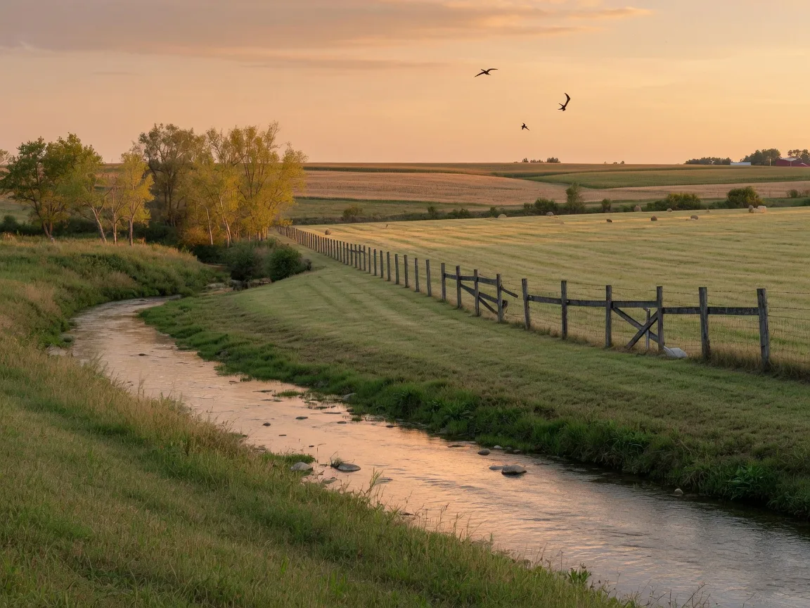 A winding creek flowing through open farmland in rural Indiana at golden hour