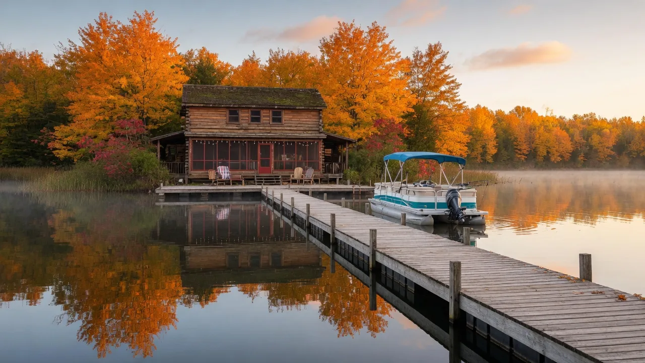 Rustic cedar lake home on the Whitefish Chain with a wooden dock and pontoon boat against blazing orange and gold autumn shoreline at golden hour