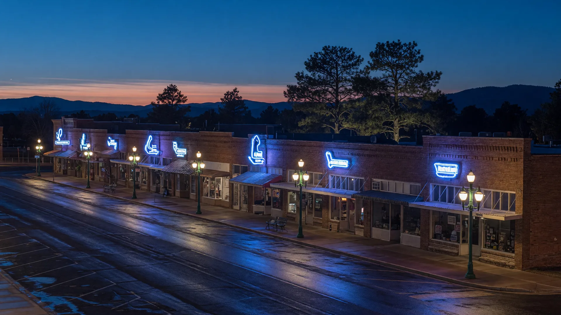 Historic Route 66 brick storefronts with cool blue-white neon signs in downtown Williams Arizona at dusk