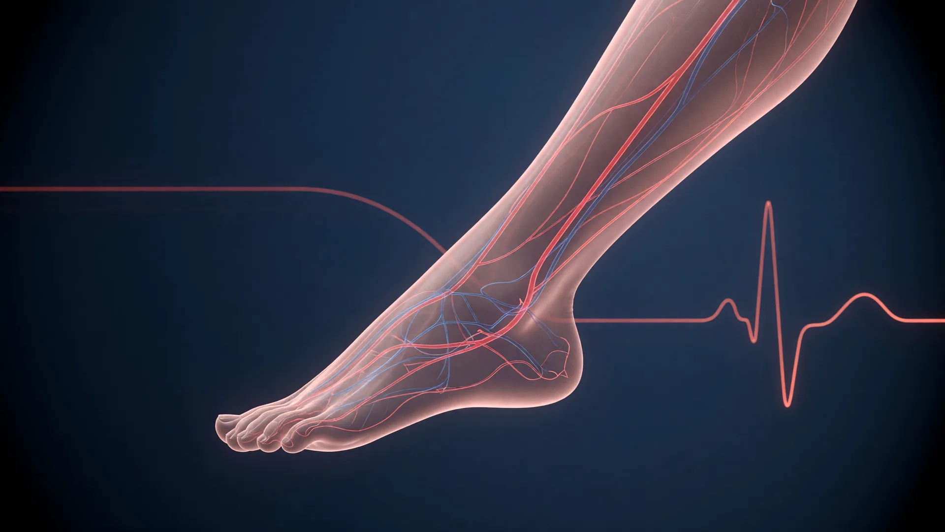 A medical visualization of lower-leg circulation, showing the vascular network in the leg and foot