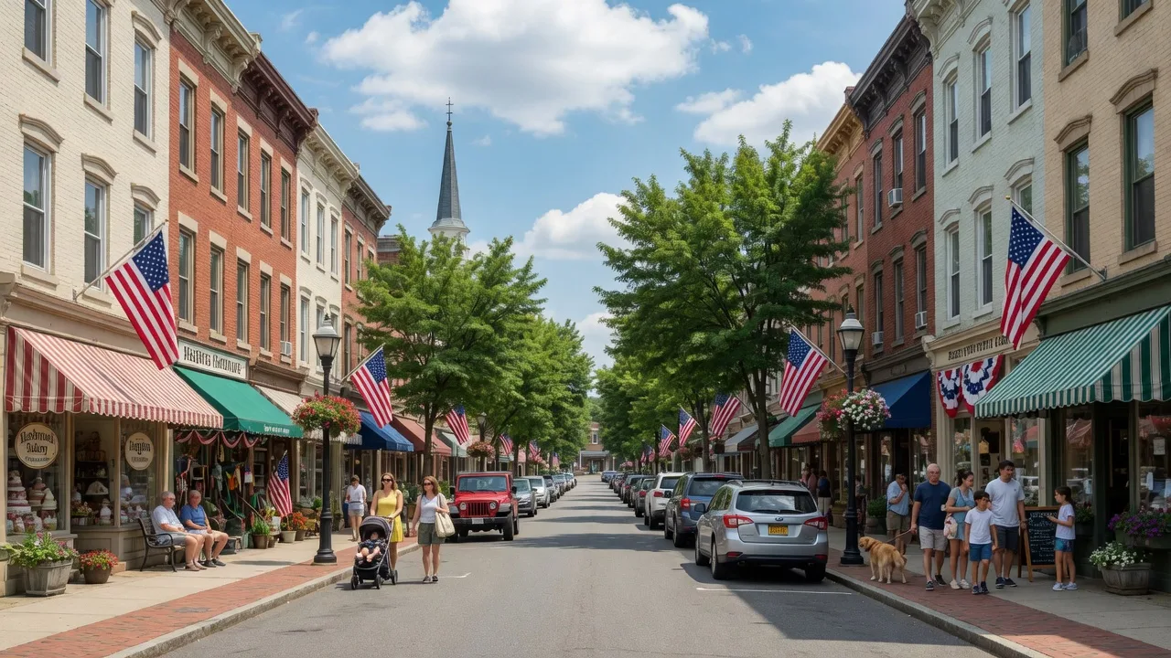 Charming downtown Hasbrouck Heights street with historic buildings, shops, and American flags on a sunny summer day
