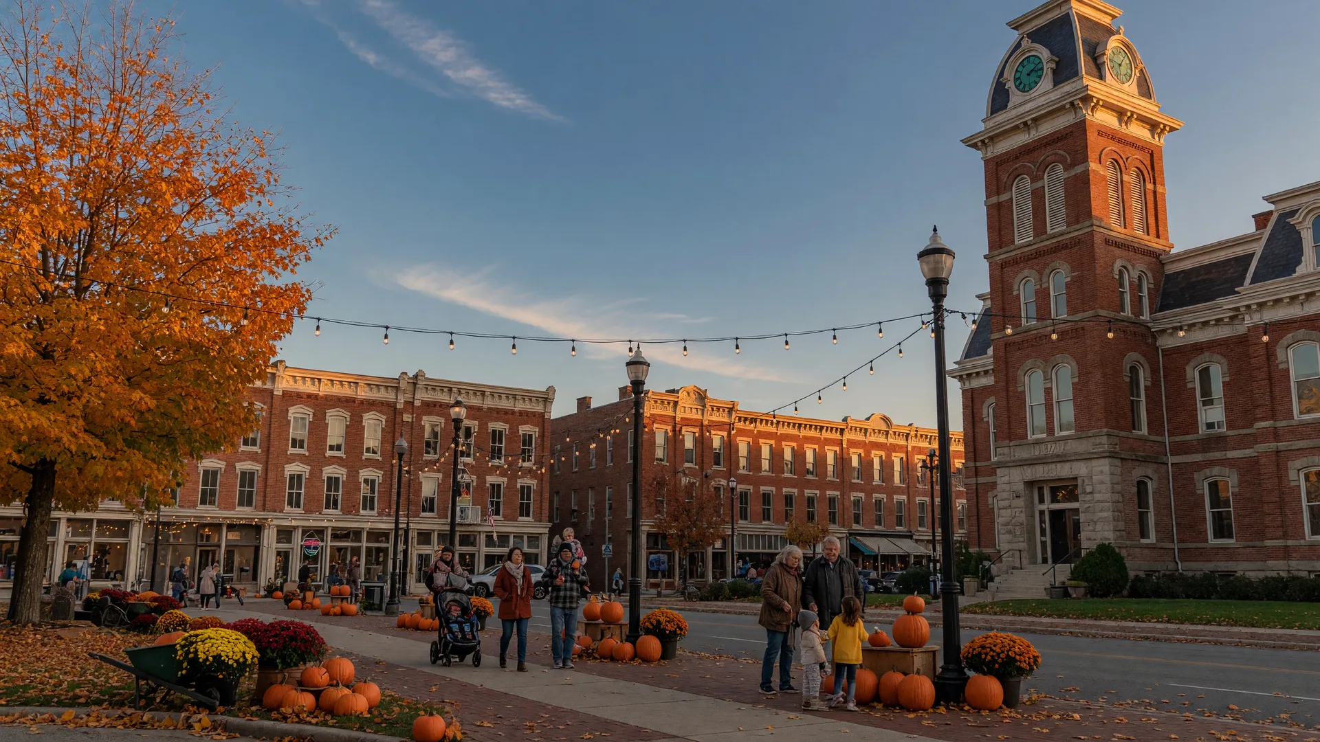 A warm late-October evening on a historic Ohio town square, preserved 19th-century brick storefronts and a stately courthouse tower, early holiday string lights glowing between lampposts, pumpkins and golden mums along the sidewalk, maple trees turning orange and gold, and families strolling in the golden light