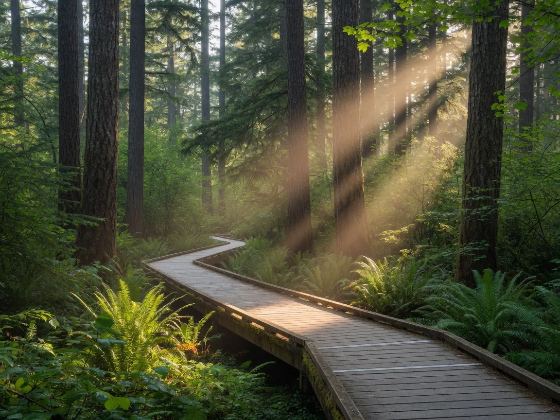 A wooden boardwalk trail winding through the firs and ferns of Tryon Creek State Natural Area