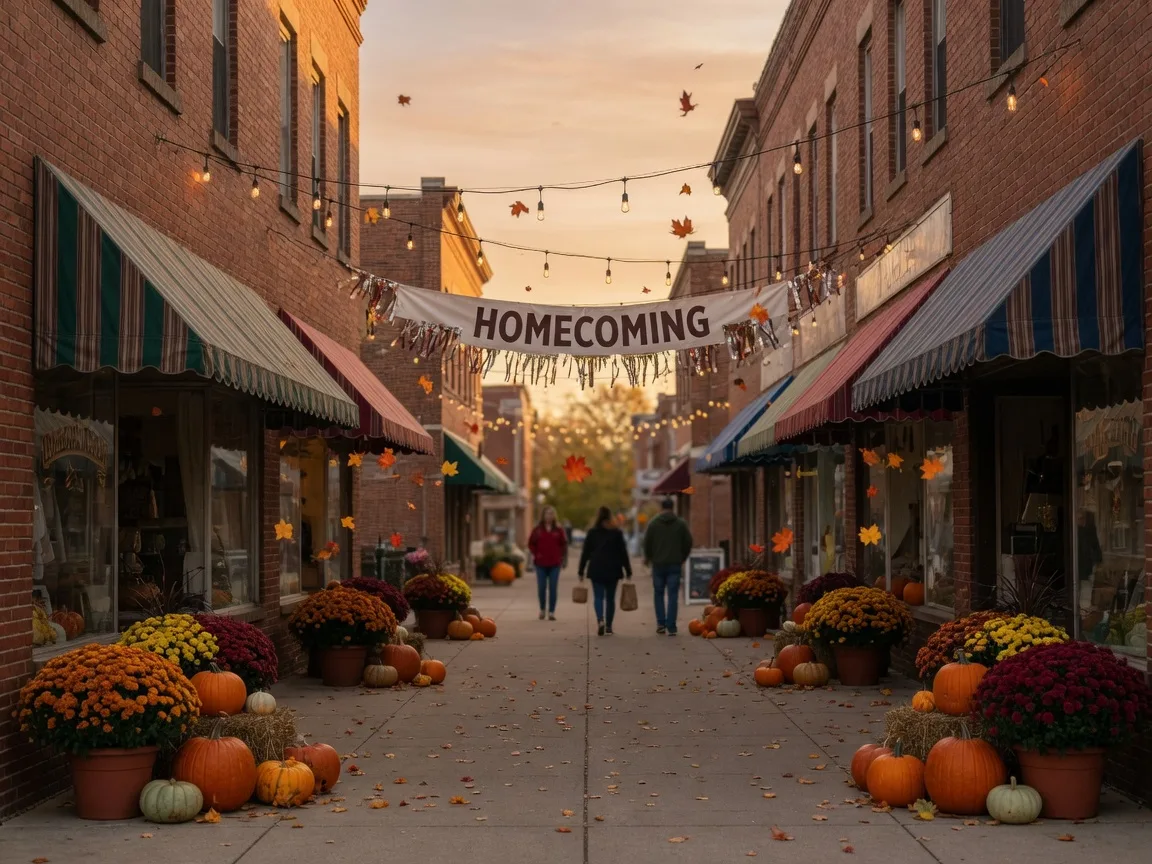 A small-town Michigan main street decorated with mums, pumpkins, and homecoming banners on a fall afternoon