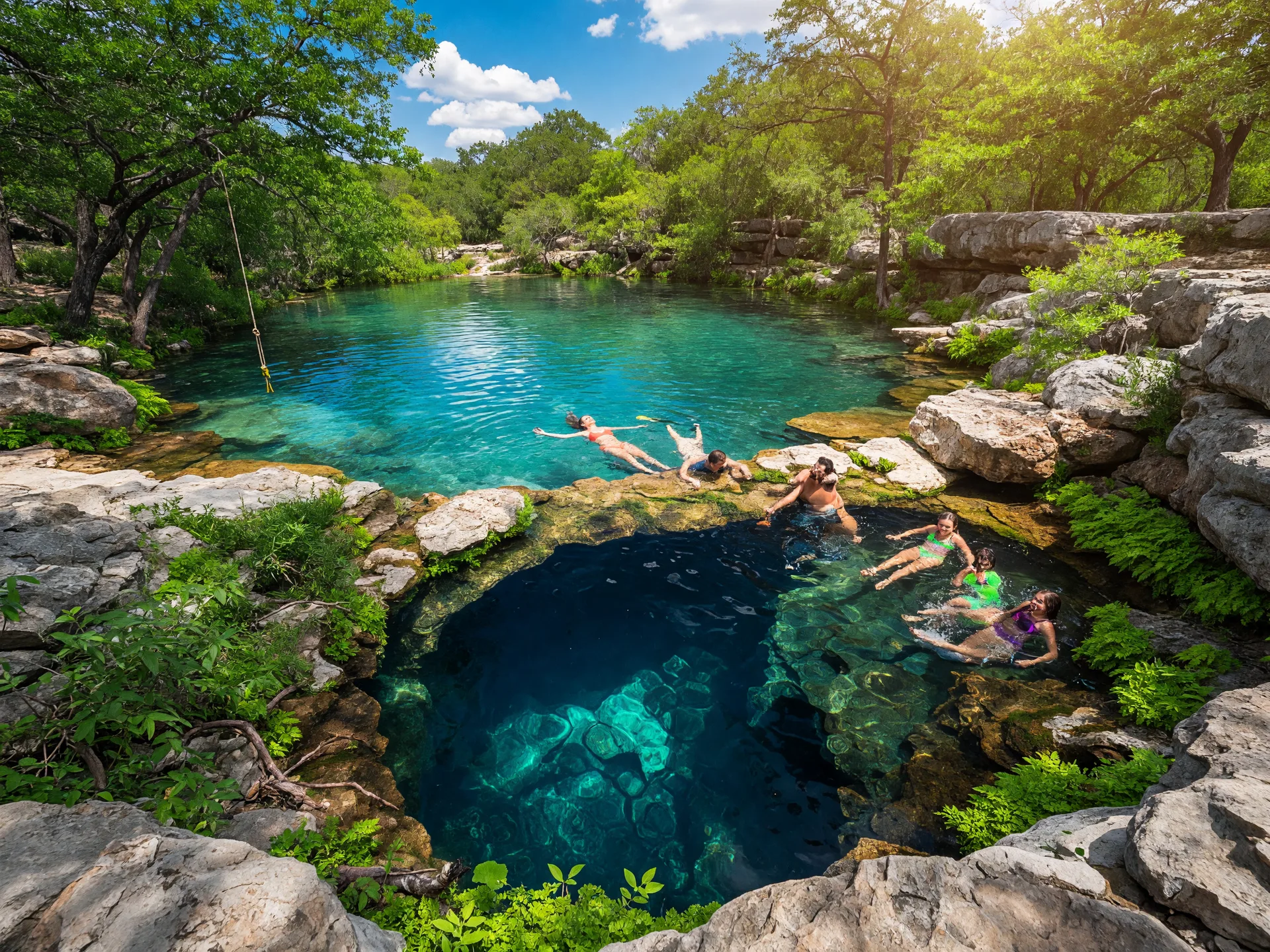 Swimming area at Jacob's Well Natural Area — clear water surrounded by Hill Country cypress trees and limestone