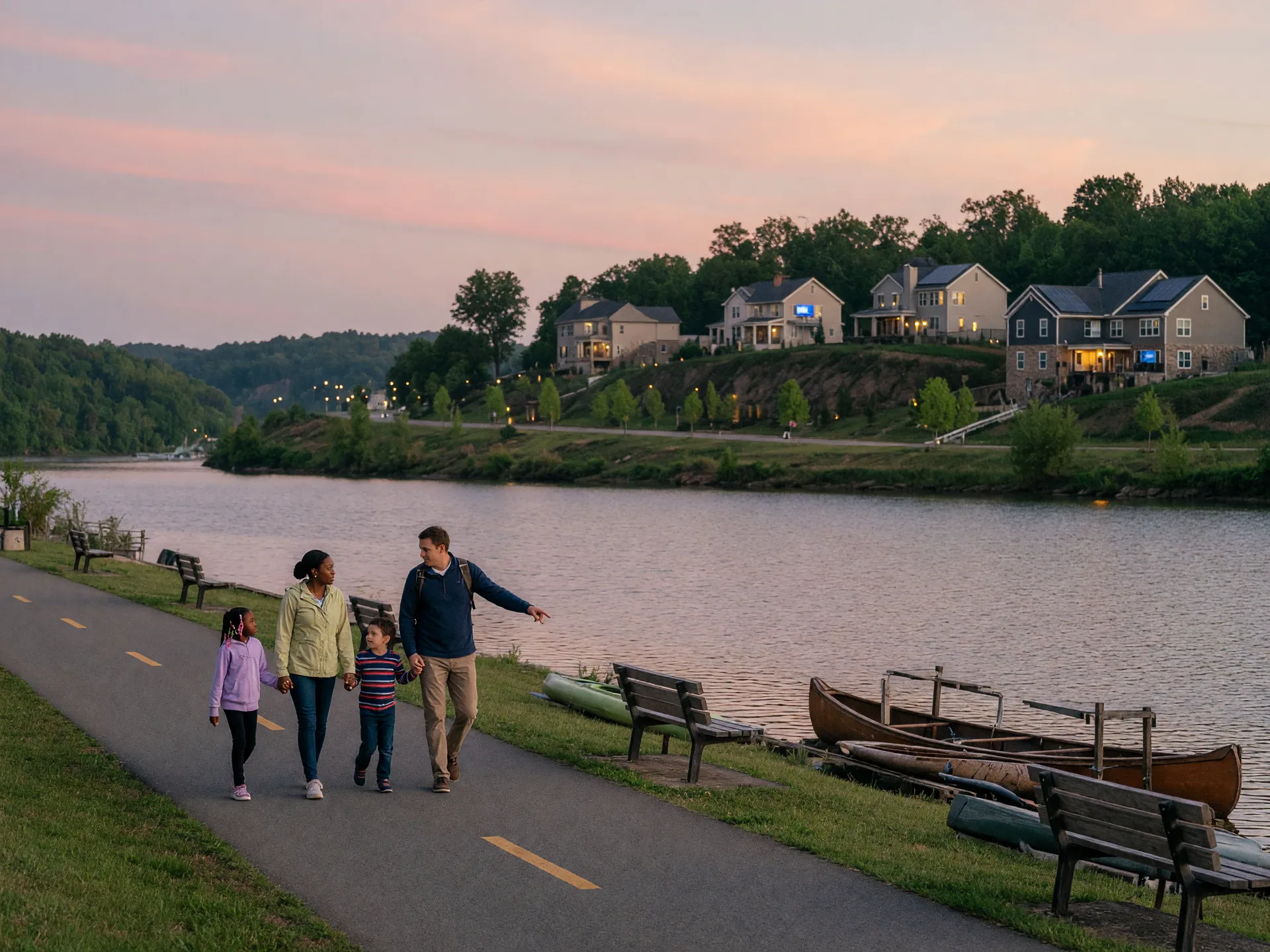 A paved multi-use trail running beside the Potomac River at dusk in the Potomac Shores community, with new homes on a distant bluff among trees