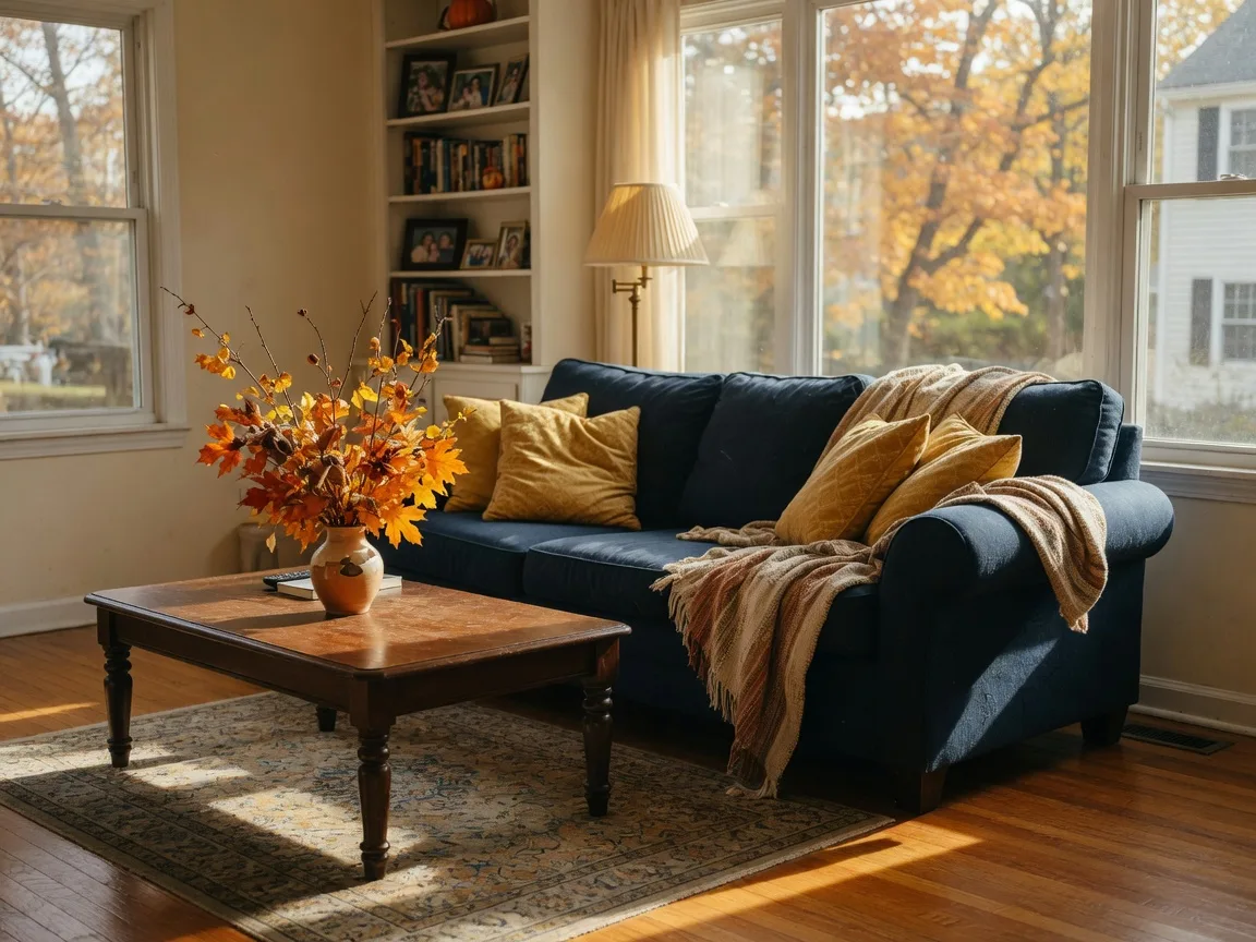 Bright and comfortable living room in a New Jersey home on a fall afternoon, with a navy sofa, gold pillows, and warm window light