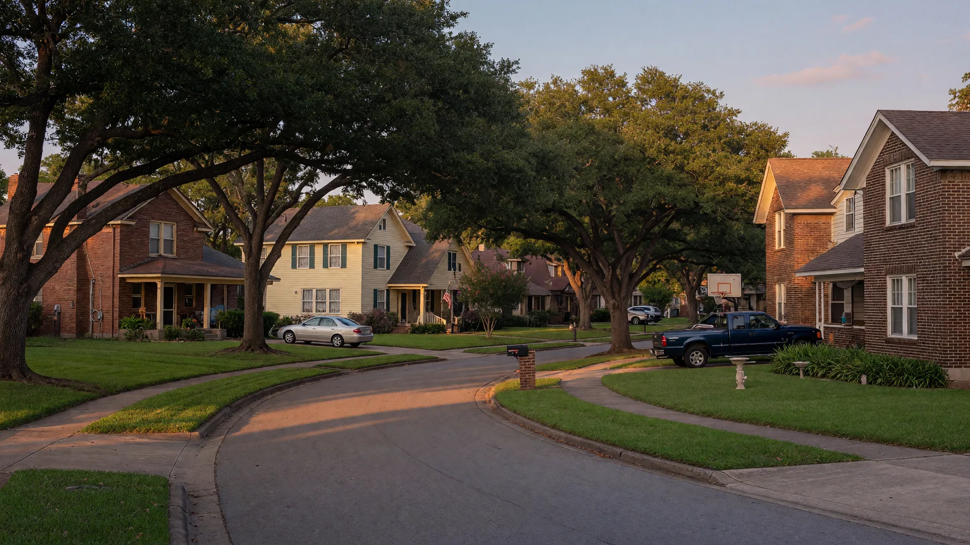 A quiet Northcliffe street in San Antonio with established brick and siding homes set back under mature live oaks at golden hour, in the San Antonio home inspection service area of Rodeo Home Inspections