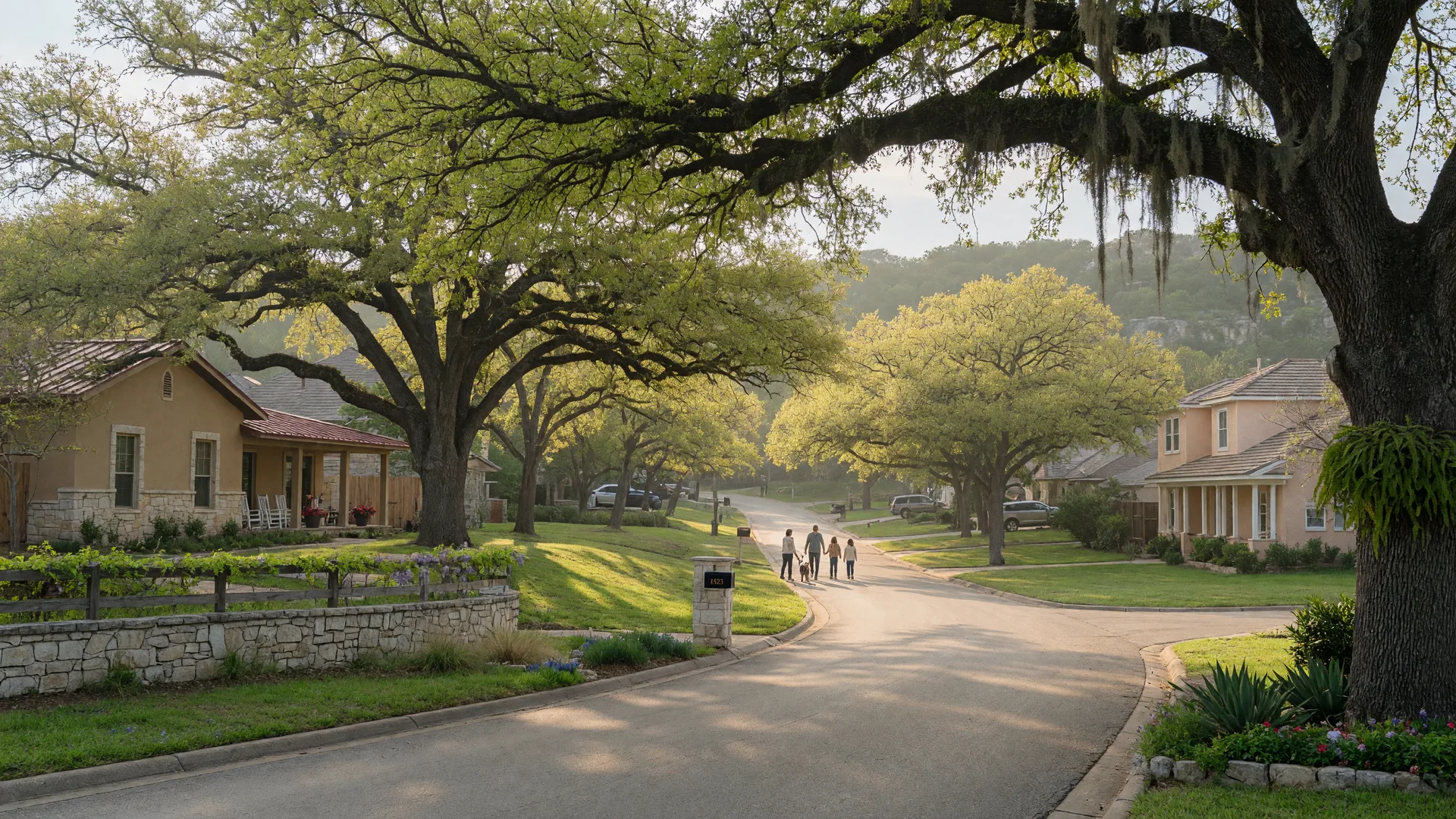 Hill Country neighborhood near Boerne with limestone and stucco homes, live oak trees, and golden morning light