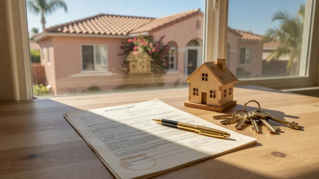 A purchase offer document with a gold pen, wooden model house, and brass keys on a sunlit desk with a California home blurred through the window, representing buyer representation