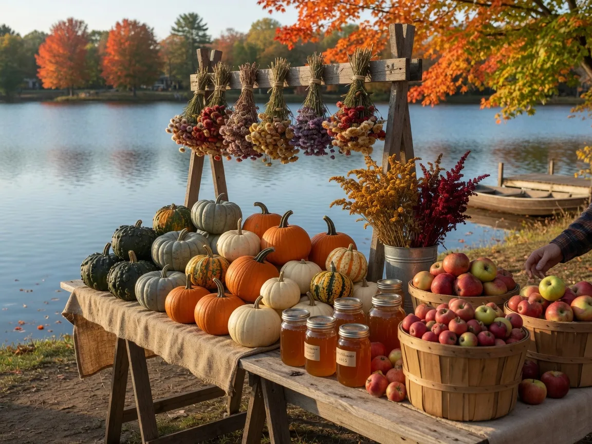 A lakeside market stall on the season's final Saturday piled with heirloom squash, pumpkins, bushels of apples and jars of honey, with blue water and turning maples behind it