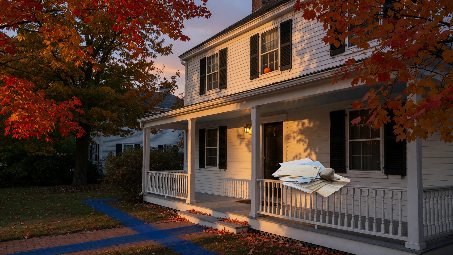 A classic white clapboard New England colonial home in a New Haven neighborhood at golden hour in late October, with autumn maples, a glowing porch light, and a small stack of envelopes on the railing