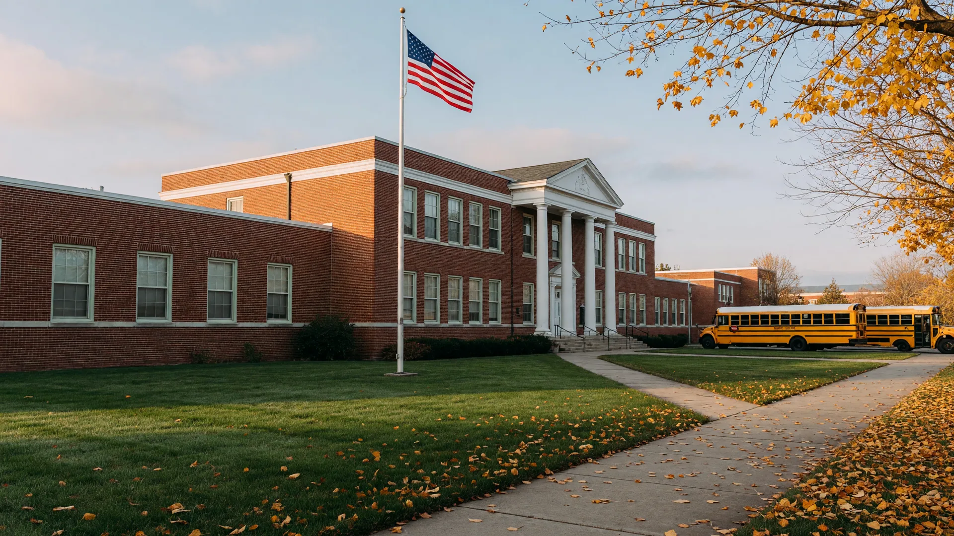 A red-brick Kentucky elementary school with white columns and an American flag on a crisp fall morning