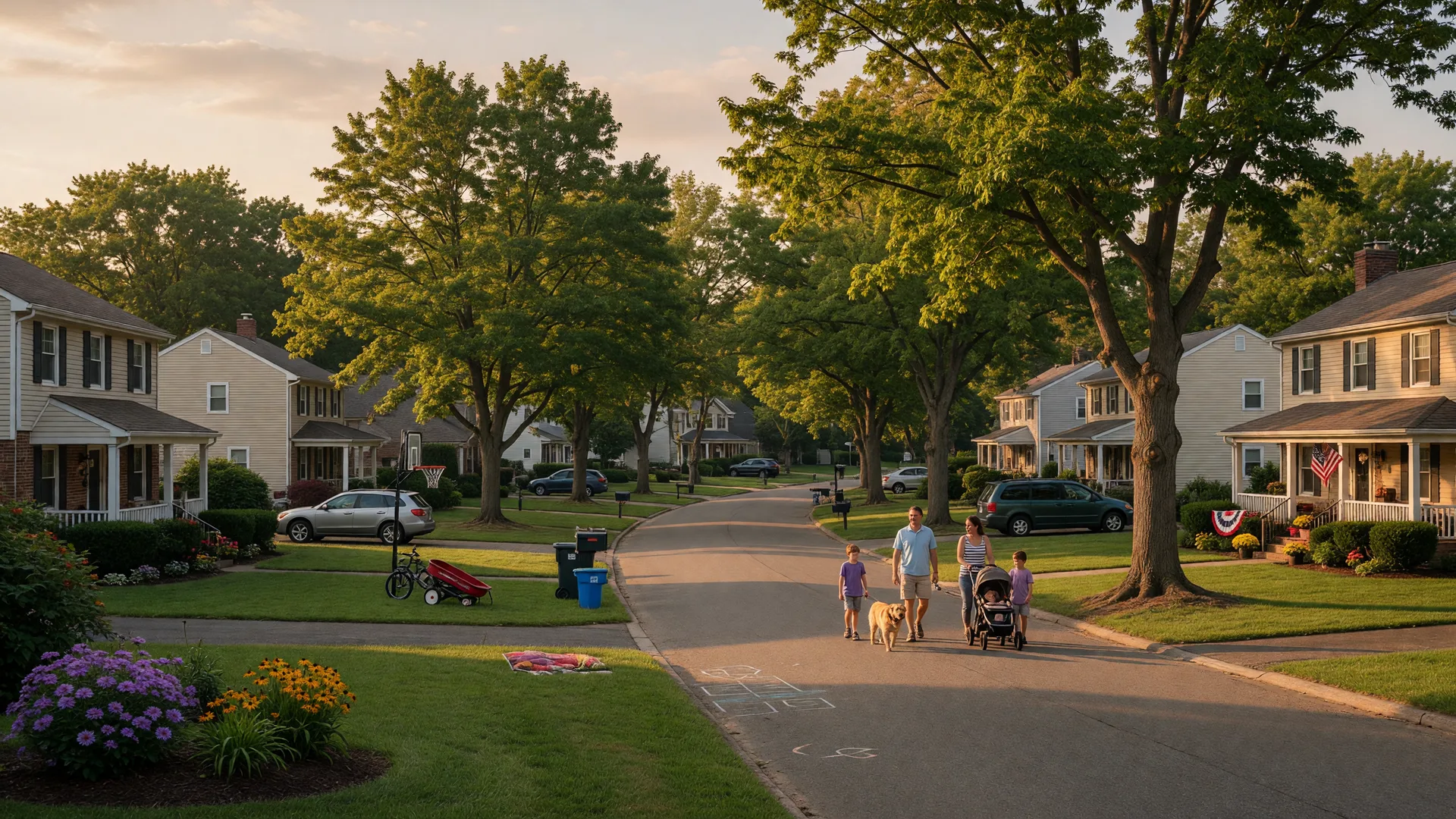 Tree-lined residential street in Medford NJ with well-maintained homes and green lawns on a warm summer afternoon