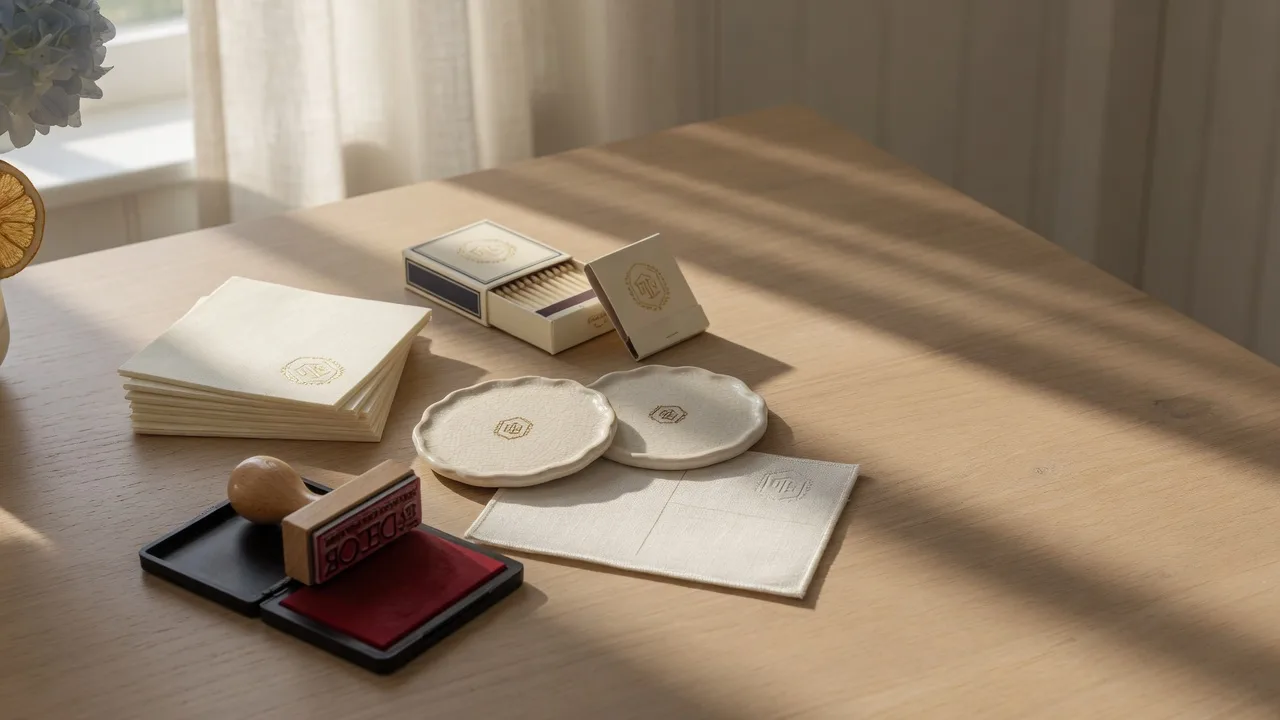 Cream cocktail napkins, custom matchbooks, monogrammed coasters, a postcard, and a wooden rubber stamp styled on a light oak table in warm morning light