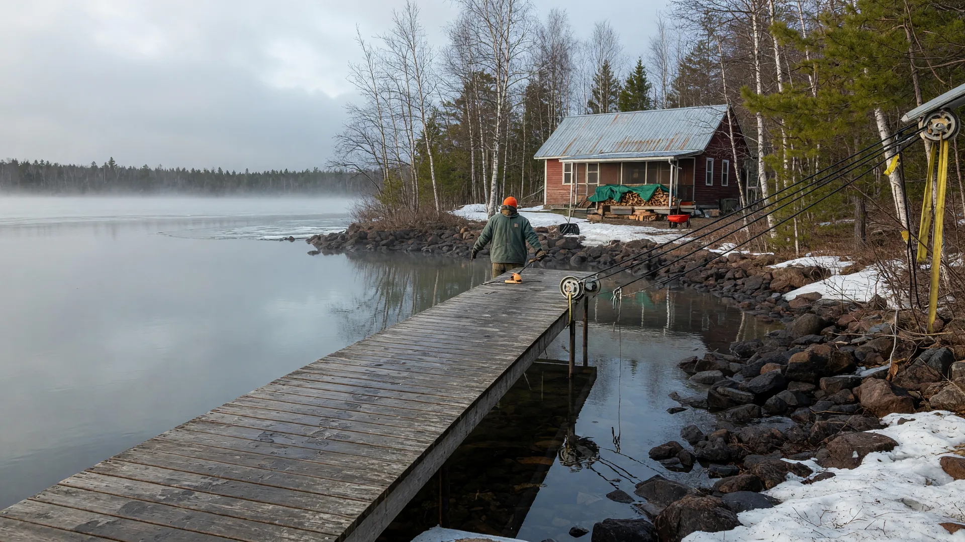 Early spring at a Minnesota lake cabin: a wooden dock set into calm water with melting snow on the rocky shoreline