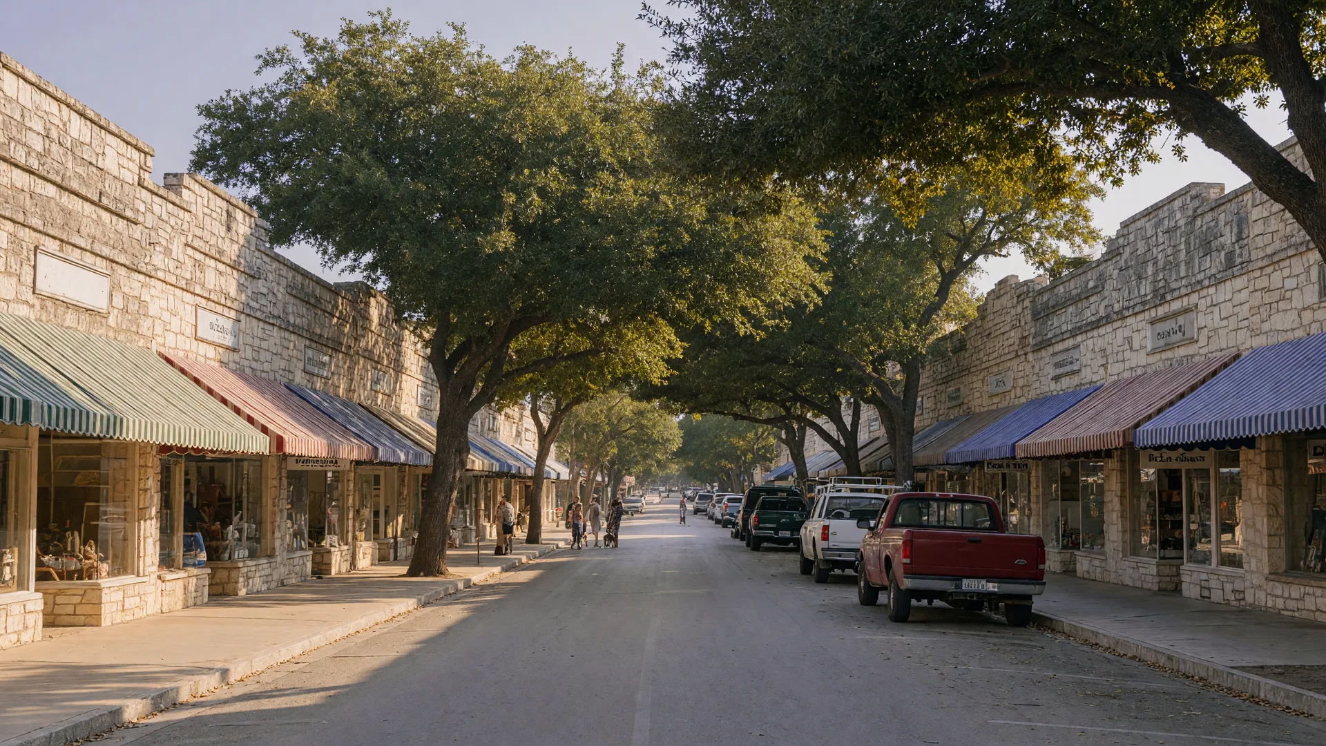 Boerne's historic main street with limestone storefronts and live oaks on a warm morning