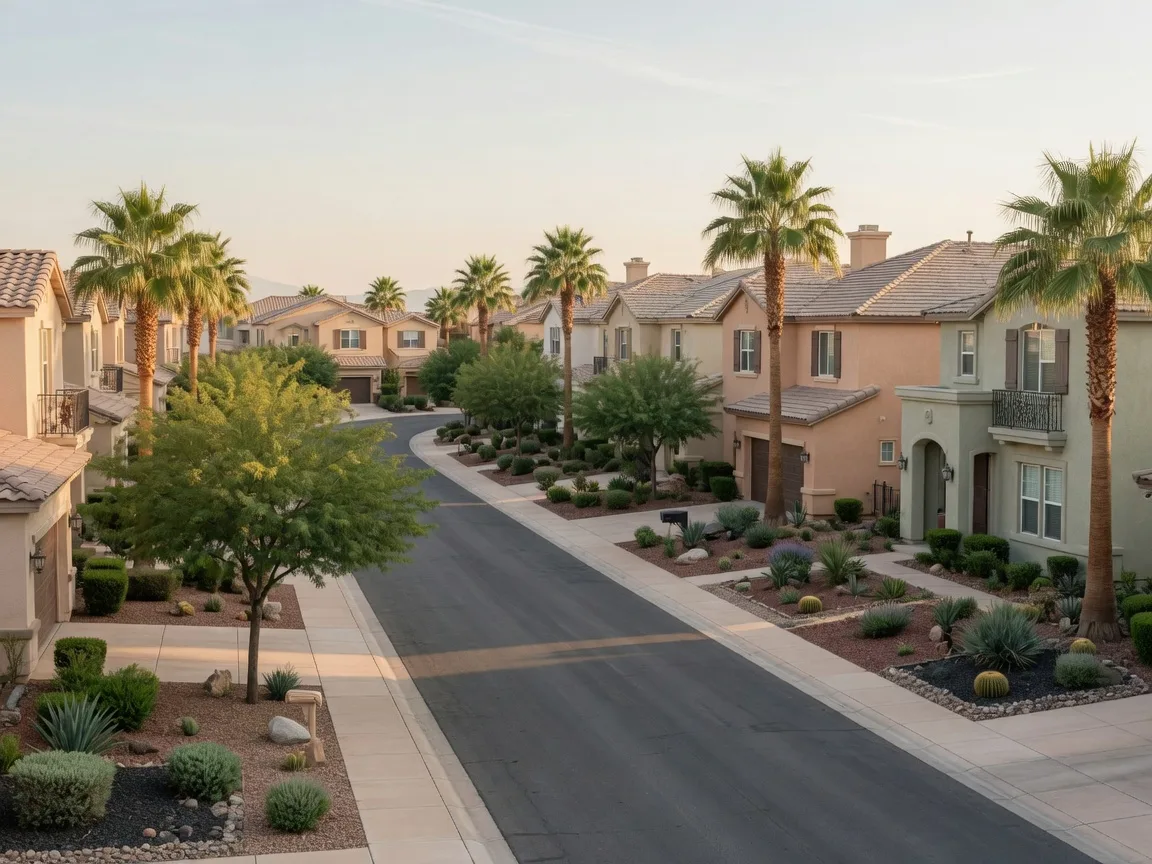 Tree-lined street with stucco homes in Green Valley Ranch, Henderson Nevada